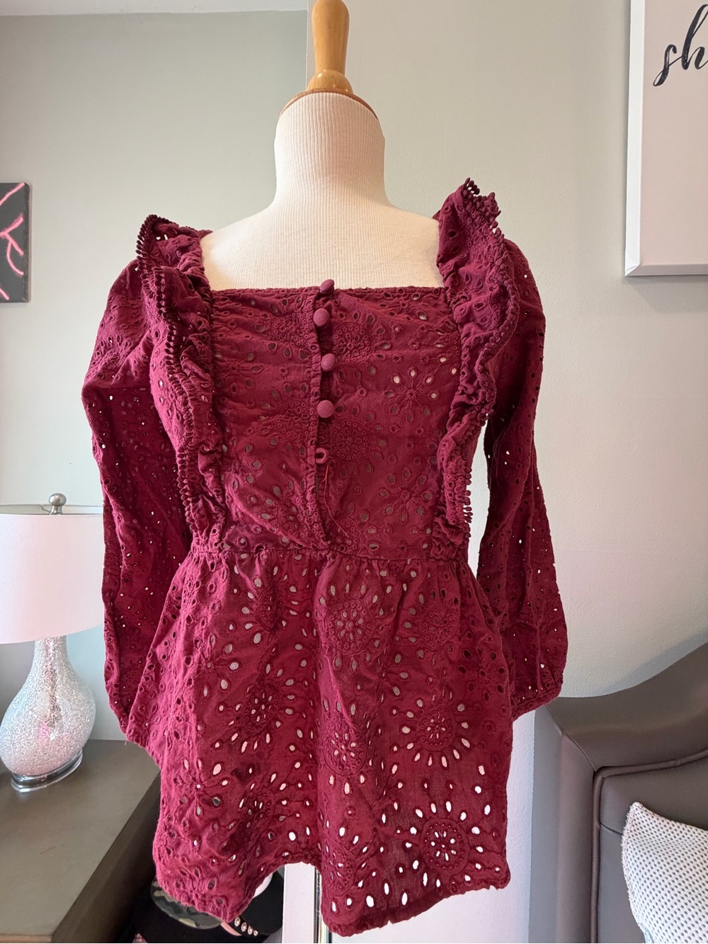 Madewell Burgundy Eyelet Blouse with Ruffle Sleeves